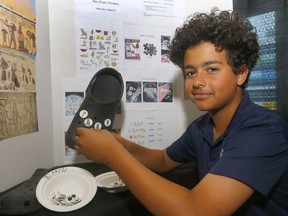 Sami Dellorusso,13, grade 7 with his Sami D’s Hieroglyphic Kibbutz and Key Chain Trinkets Company as North Point School hosted Canada’s Largest Student Business Fair in Calgary as 110 Student Entrepreneurs from Kindergarten to Grade 12 showcased their businesses at the Markin McPhail Centre at WinSport in Calgary on Sunday, June 5, 2022. Darren Makowichuk/Postmedia